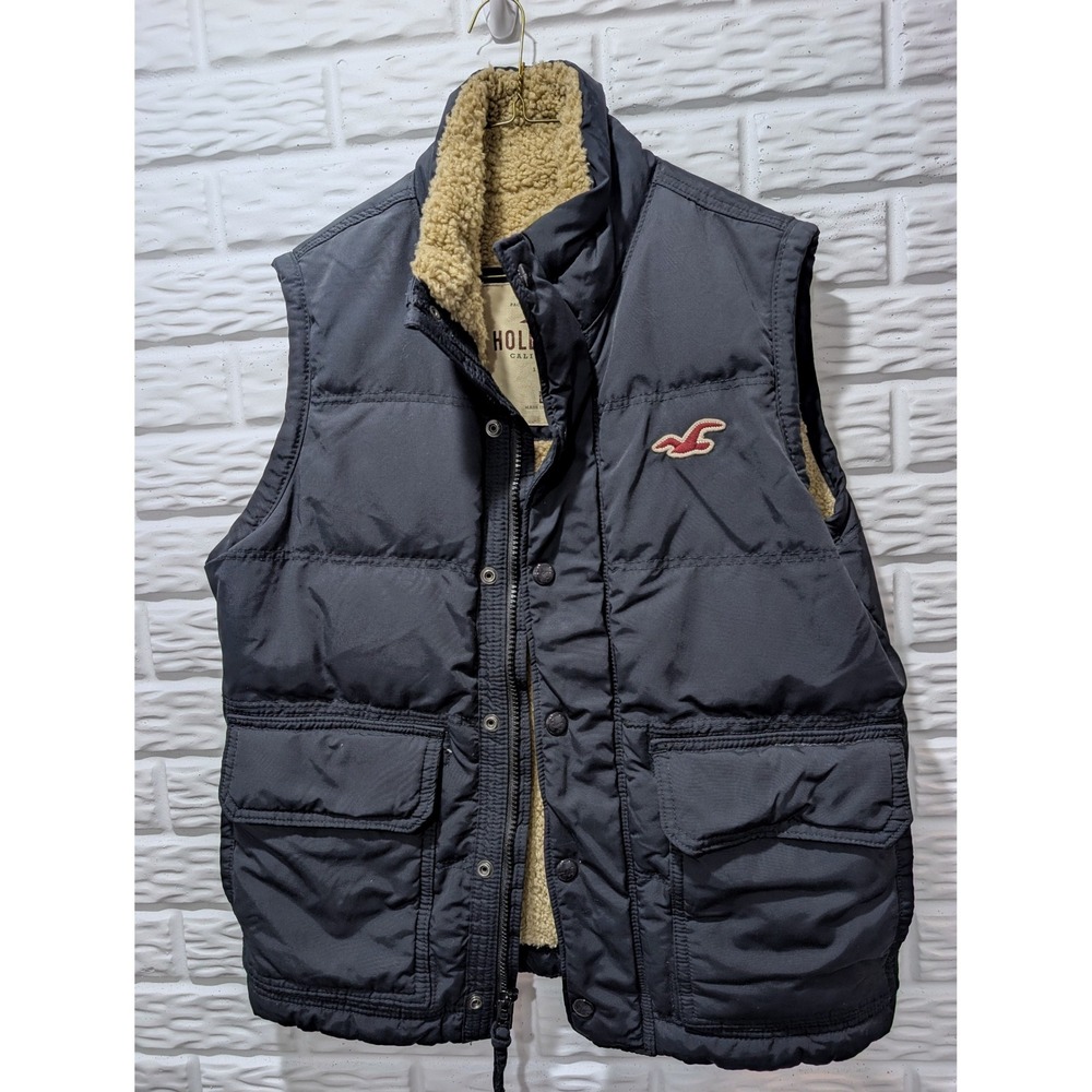 Hollister Mens Down Filled Puffer Vest Navy Blue Sherpa Lined Size L Gorpcore